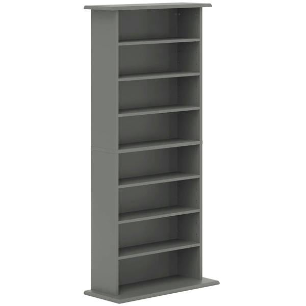 Grey CD storage unit with multiple open shelves and vertical frame