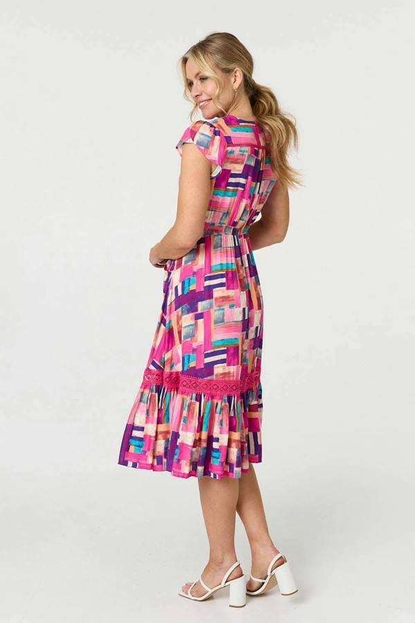 Pink | Geo Print Cap Sleeve Shirred Midi Dress