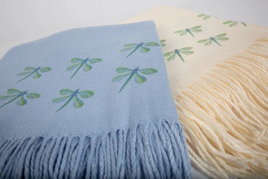 Art on Scarves Cashmere Feel Luxury Scarf Handprinted with Dragonflies