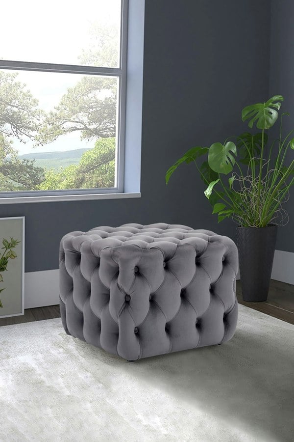 Living and Home Velvet Upholstered Buttoned Footstool