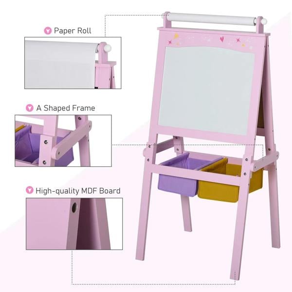 Pink wooden art easel with paper roll, shaped frame, and MDF board