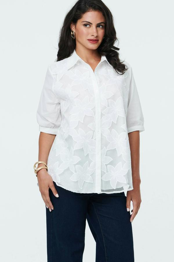 White | Floral 1/2 Sleeve Embroidered Shirt