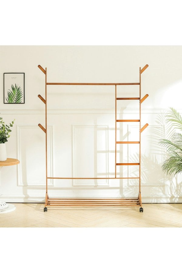 Living and Home Bamboo Clothes Rack with Bottom Shelf Shoe Clothing Storage Organizer