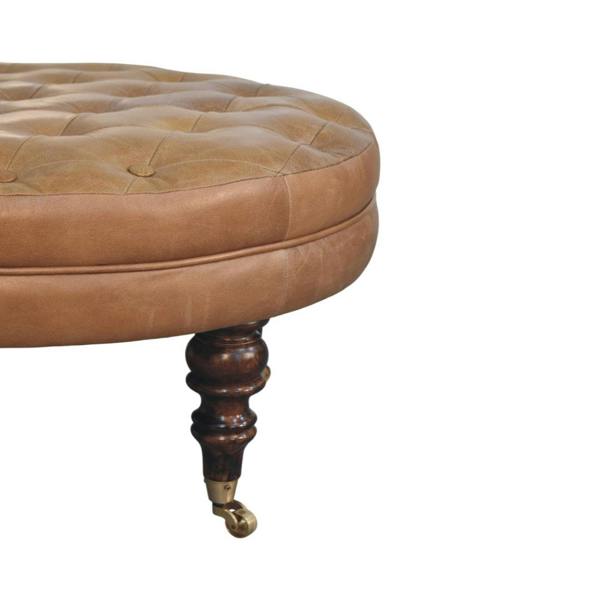 Artisan Furniture Solid Wood Brown Buffalo Leather Round Ottoman with Castor Legs