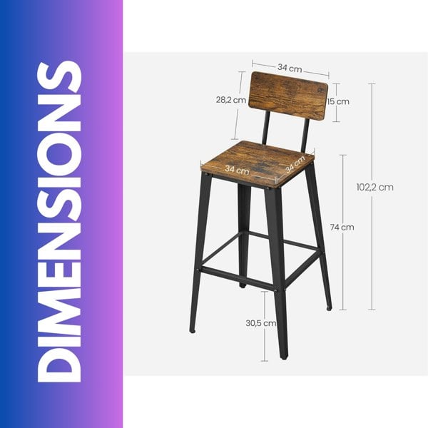 Rafaelo Mobilia Set of 2 Industrial Bar Stools with Backrest Brown
