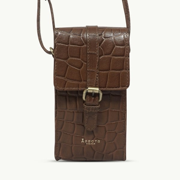 Assots London 'PETRA' Brown Croc Real Leather Mobile Phone Crossbody Bag