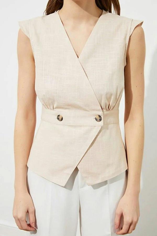 WOVCOR Double-Breasted Woven Blouse with Bone Button Detail