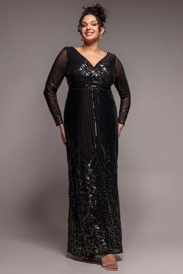 Long Sleeve Sequin V Wrap Maxi Dress - Black DR3485PLUS