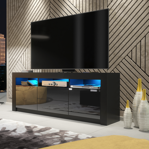 Mex Furniture Spacious 160cm TV Unit & Cabinet with Black High Gloss Doors