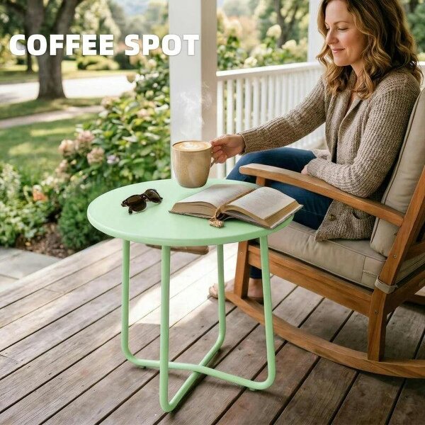 48 cm Round Garden Side Table, Small Metal Outdoor Garden Table with Rolled Edge, Green
