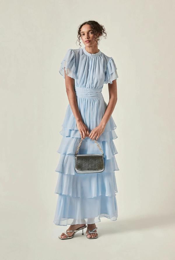 Model wearing Pale Blue Tiered Ruffle Maxi Dress – front view