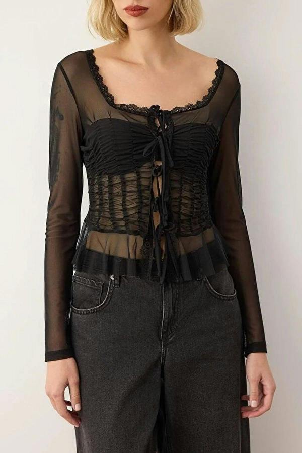 WOVCOR Square Neck Knit Tulle Party Blouse