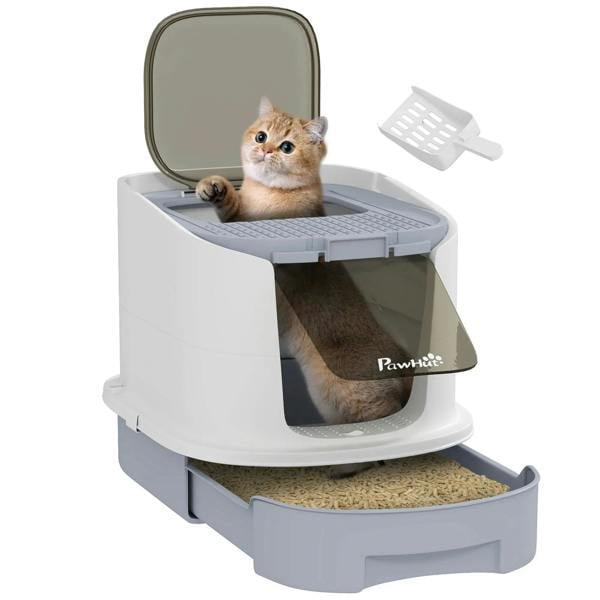 Grey top-entry cat litter box with lid and scoop, front access door open