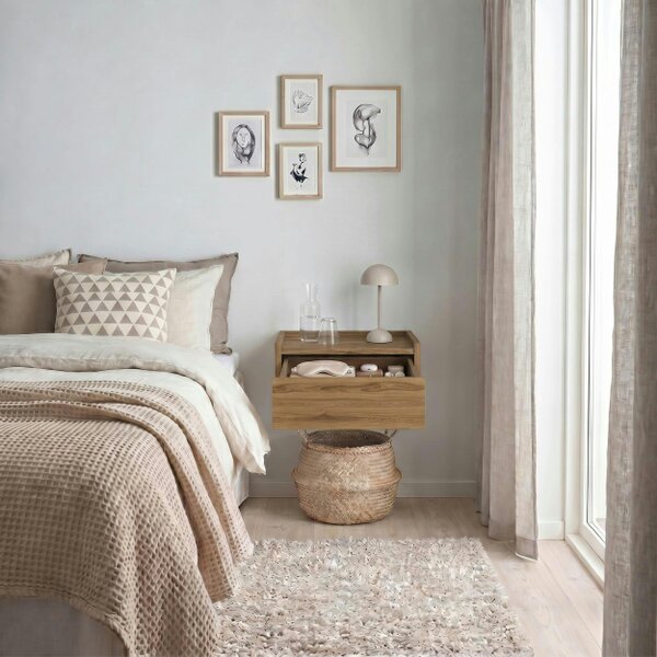 Decortie Brisa Wall Mounted Bedside Table Drawer and Open Tray Shelf