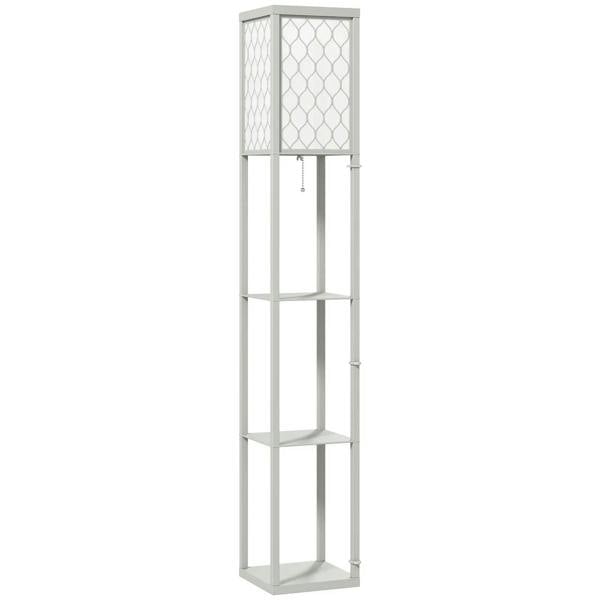 Three-shelf standing lamp with light grey metal frame, white lattice panels, three open shelves