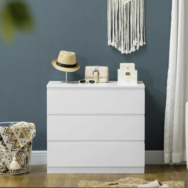 White three-drawer chest with smooth fronts and items on top.