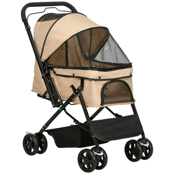 Foldable beige pet stroller with mesh sides, large canopy, front tray, and four wheels.