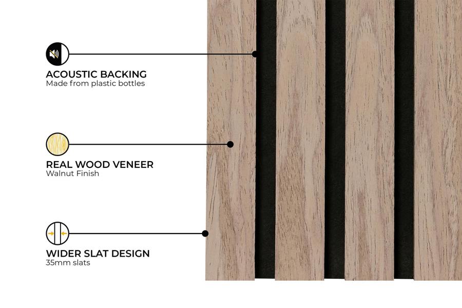 Fuse Acoustic Wooden Slatted Wall Panel in Walnut Effect, 2.4m x 0.6m