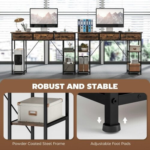 Wyld Haus Hariva 120cm Wooden Rustic Brown Home Office Desk With Power Sockets 3 Fabric Drawers And 4 Storage Shelves
