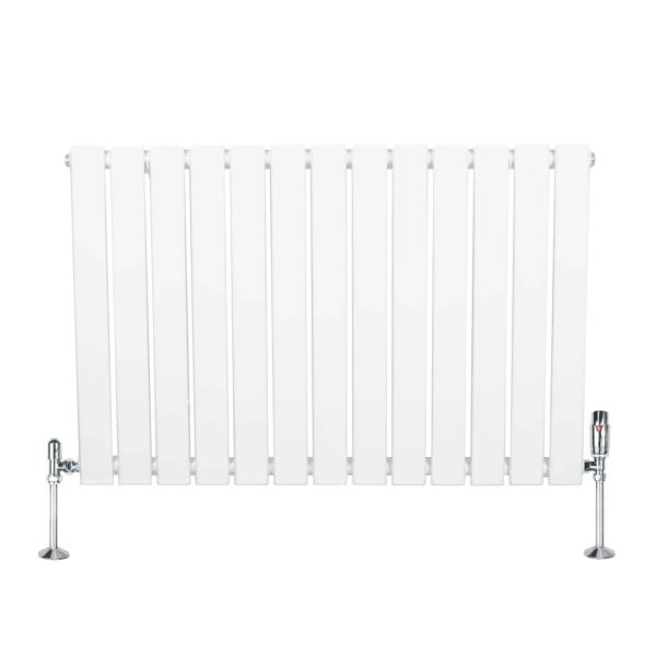 Flat single column radiator in white, 600mm x 910mm, featuring sleek vertical panels and chrome valves for modern interiors