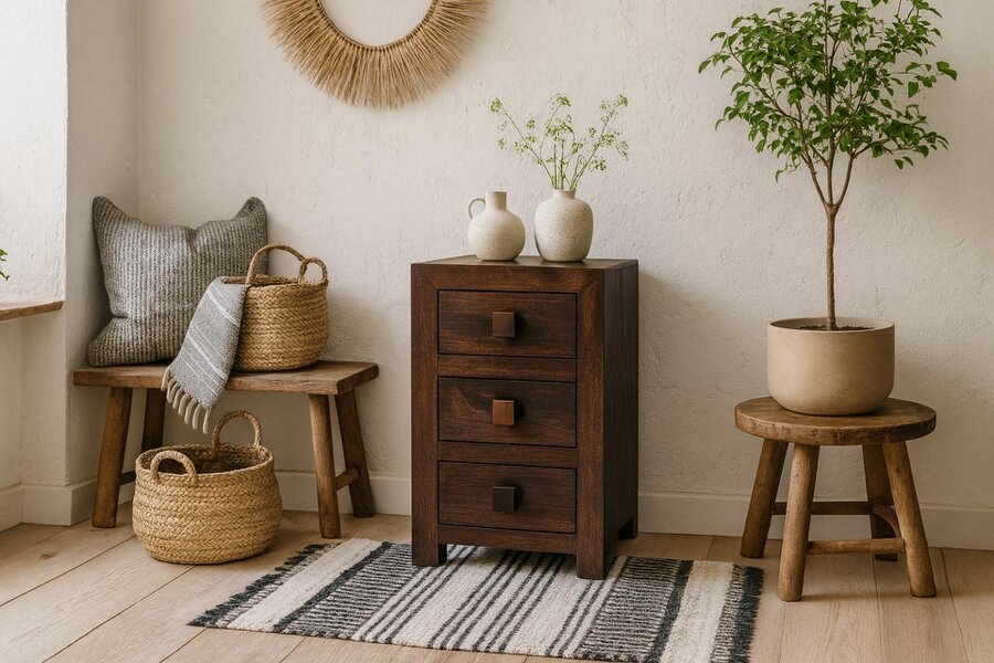 Wyld Haus Phuket Dark Mango Wood 3 Drawer Bedside Table