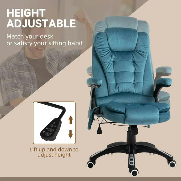Blue velvet massage recliner chair with height-adjust feature and rolling swivel wheels