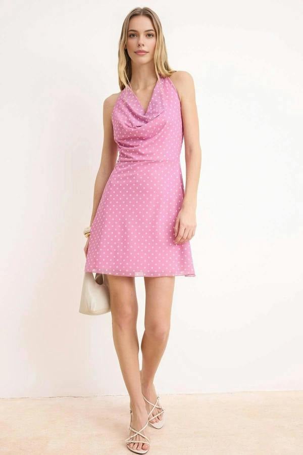 WOVCOR Polka Dot A-Line Mini Tulle Knit Dress with Stitching Detail
