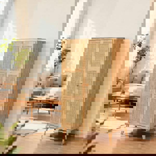 Furniture One Rattan Wardrobe, 2-Door Rattan Wardrobe Closet Armoire with Hanging Rack