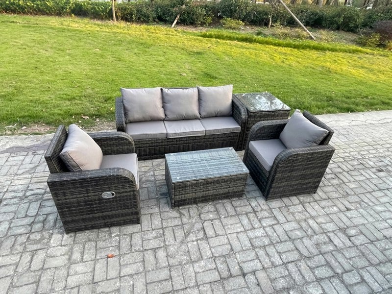 Fimous Outdoor Rattan Garden Furniture Set Patio Lounge Sofa Set with Reclining Chair Rectangular Coffee Table Side Table Dark Grey Mixed