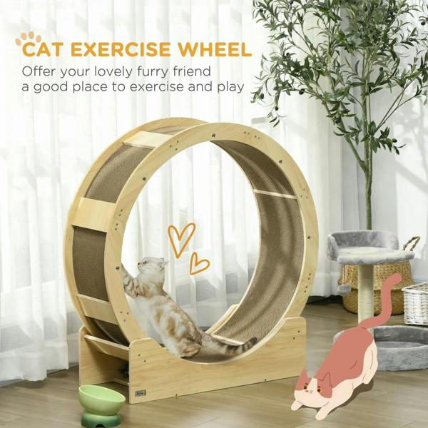 Oak-toned cat exercise wheel with grey running track and base scratching platform