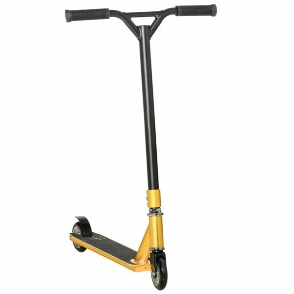Gold and black stunt scooter with black handlebars and front wheel on display
