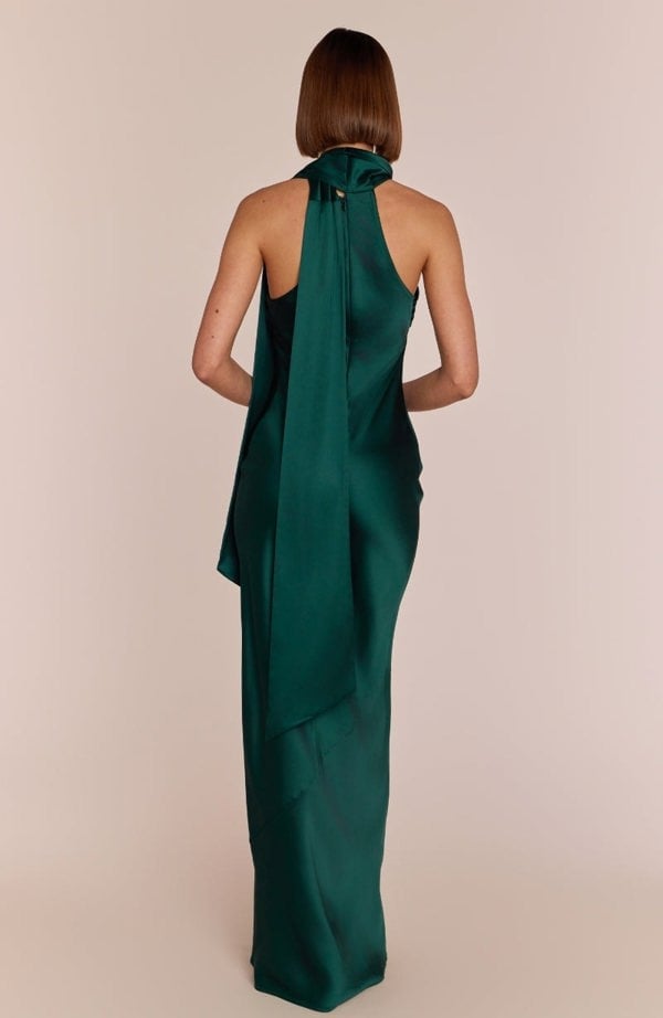 Rewritten London Roma Dress in Forest Green Satin