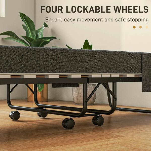 Folding single bed base with four lockable casters and dark grey mattress top