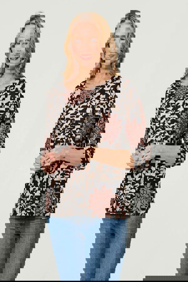 Black | Floral 3/4 Sleeve Boat Neck Top