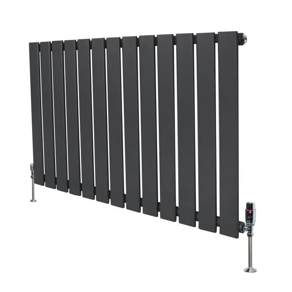 Flat single column radiator in anthracite grey, featuring sleek vertical slats and stylish valves, perfect for modern interiors