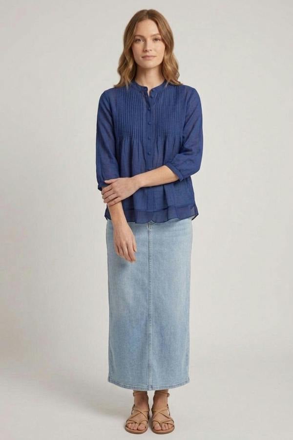 Navy | Layered Semi Sheer Pleat Front Blouse
