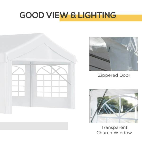 White gazebo with zipper door and transparent church window panels