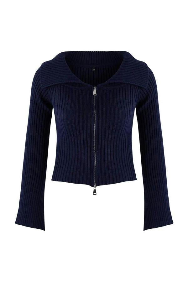 WOVCOR Turn-Down Collar Double Zippered Knit Cardigan