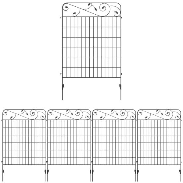 Black metal picket fence panel with grid and decorative scroll top, two ground stakes