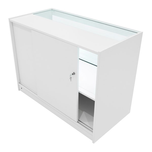 Andromeda LED shop counter set in sleek white, featuring sliding doors, glass display shelves, and modern design for retail spaces