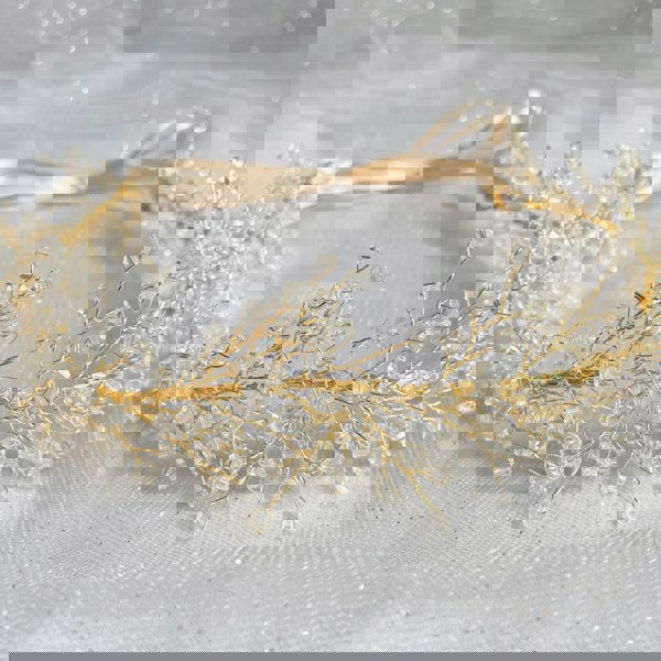 bridal headpiece, boho gold crystal hair accessory, vintage inspired wedding headpiece, elegant gold and crystal hairpiece, bohemian bridal hair accessory, statement wedding hairband, feminine hairpiece for brides, luxury boho hair accessory
