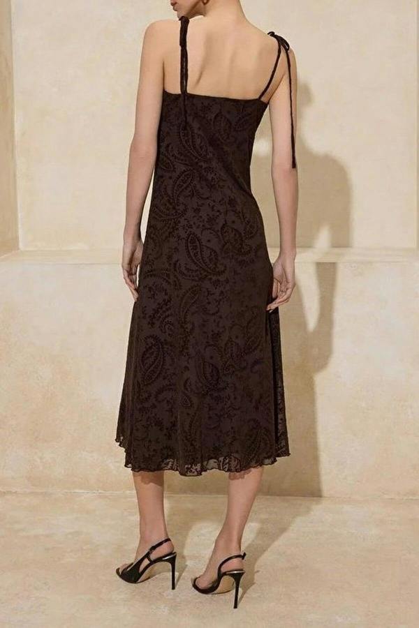 WOVCOR Floral A-Line Thin Strap Ruched Midi Tulle Knit Dress