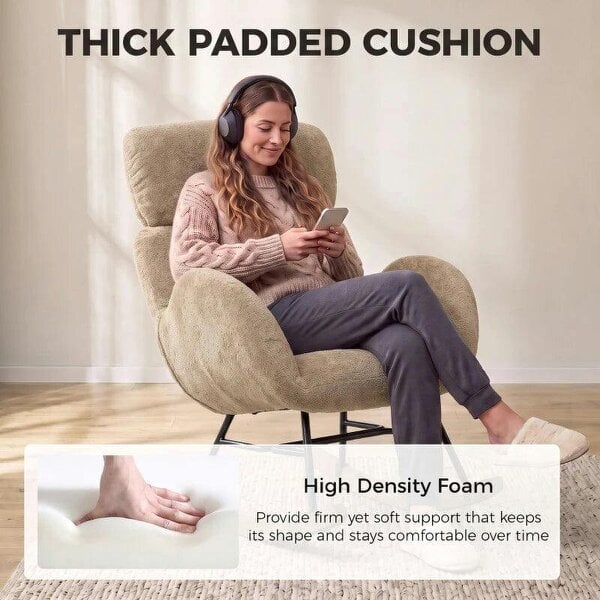 Upholstered Rocking Chair Adjustable Headrest Rocker Chair Raindrop Velvet Rubberwood Base Light Brown