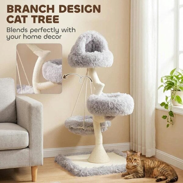 115 cm Modern Cat Tree Tower for Large Cats with Sisal Scratching Post, Holds 1 Cat up to 6kg, Machine-Washable Beds