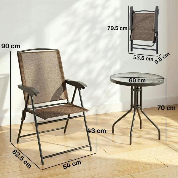3 Piece Outdoor Bistro Set, Patio Conversation Furniture Set with 2 Folding Backrest Adjustable Armchairs and Glass Top Coffee Table, Brown