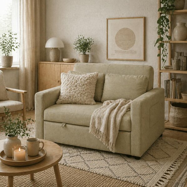 Wyld Haus Venido Loni Beige Fabric 2 Seater Sofa Bed With Side Pockets And Cushions