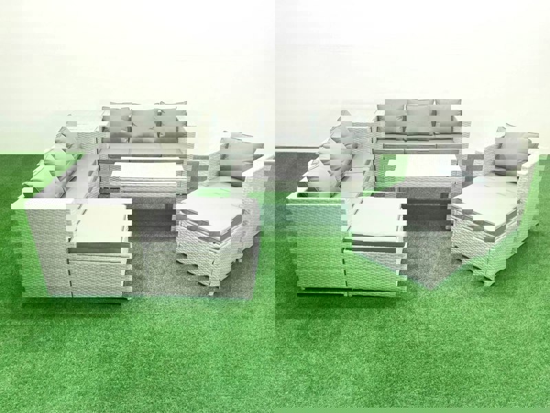 Fimous Wicker PE Rattan Sofa Garden Furniture Set with Oblong Coffee Table Armchair 2 Big Footstools Side Table Light Grey Mixed