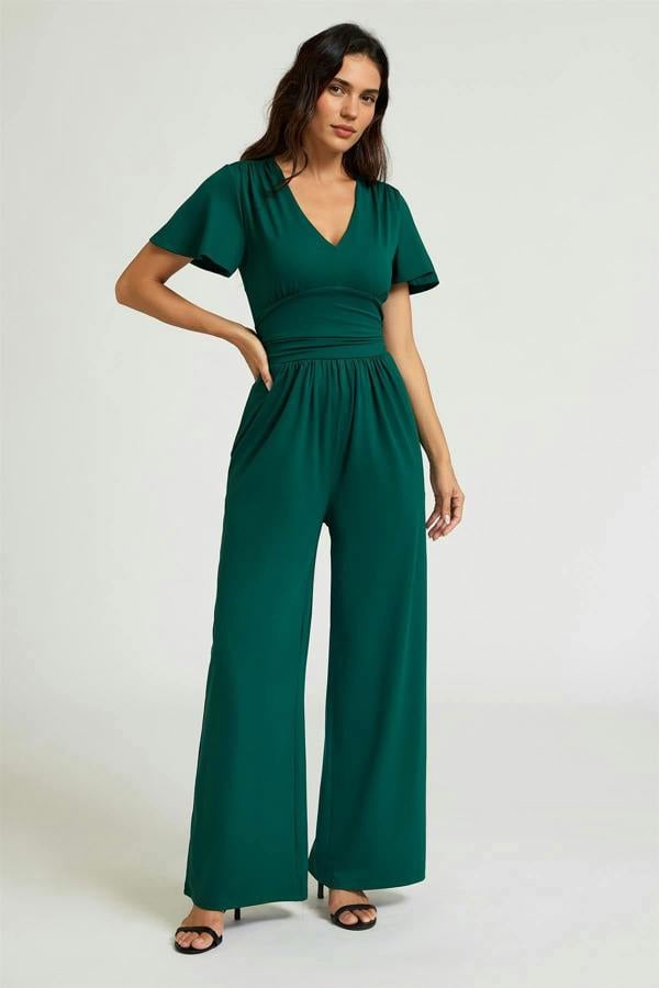 FS Collection Easy Peezy Design V-Neck Ruched Waist Jumpsuit In Green