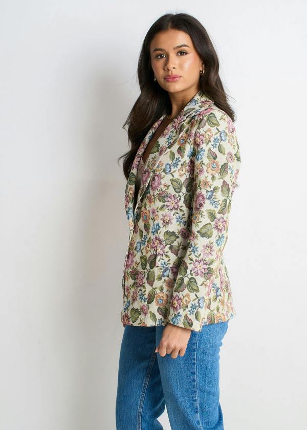 Gini London Beige Floral Jacquard Tailored Jacket