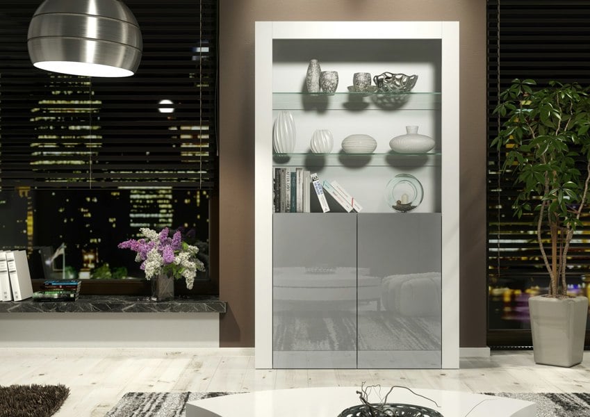 Mex Furniture Tall Display Cabinet 170cm White Matt Body and Grey Gloss Doors – Modern Open Shelving Unit